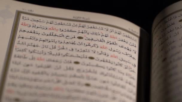Sluiten Holly Koran Pagina Moslim Lezen Achtergrond Koran Lezen Bladeren — Stockvideo