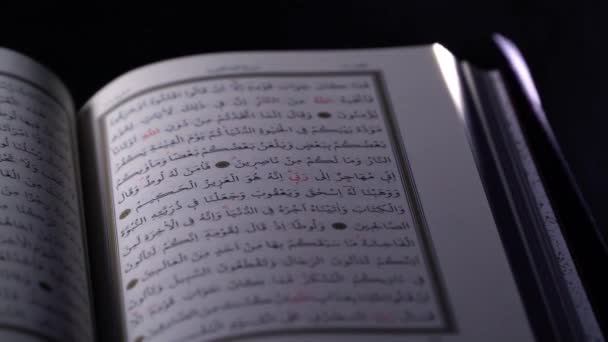Close Magyal Quran Oldalak Muszlim Olvasási Háttér Korán Olvasás Böngészés — Stock videók
