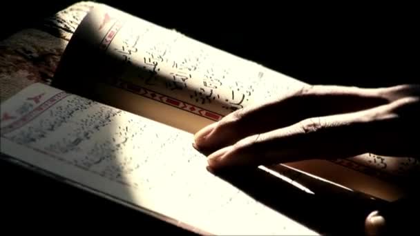 Islam Stechpalme Buch Quran Schatten Schatten Dekoration Muslimischen Kalligraphie Religion — Stockvideo