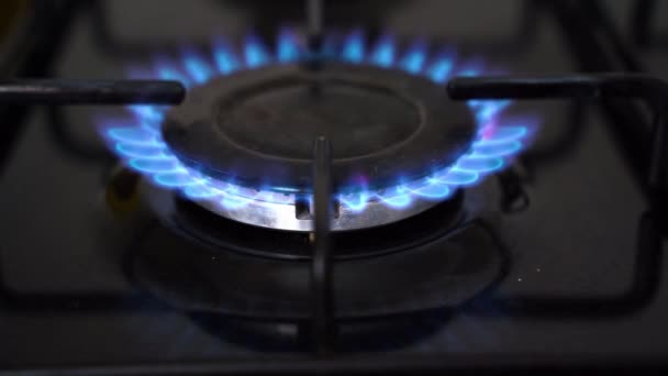 Primer Plano Una Estufa Gas Encendida Horno Ardiendo Fondo Cocina — Vídeos de Stock