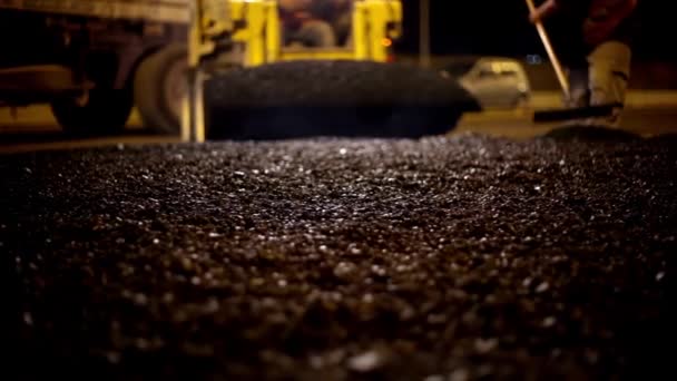 Road Construction Asphalt Laying Machinery Work Flatten Smooth Asphalt Newly — Stock Video
