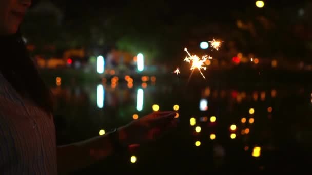 Pessoa Segurando Brilhante Espumante Festivo Mão Fogo Celebrar Brilho Luz — Vídeo de Stock