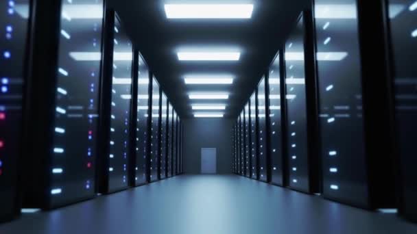 Moderne Internet Serverruimte Datacenter Met Supercomputers Licht Naadloze Animatie Uhd — Stockvideo