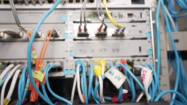 Fermer Câble Ethernet Sur Commutateurs Réseau Arrière Plan Lumineux Câbles — Video