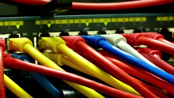 网络服务器机房服务器机架 带有光纤电缆连接到前面板交换机端口 — 图库视频影像