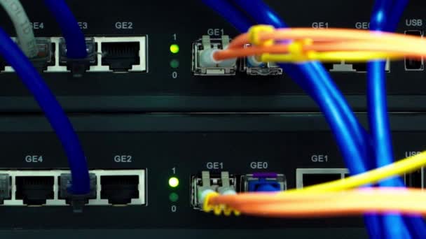 Bezárás Kilátás Internet Ethernet Kábel Hálózati Kapcsolók Háttér Szerver Szoba — Stock videók