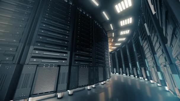 数え切れないほどの現代的なサーバーキャビネット未来的なデータセンターコンピュータサーバーテクノロジールームの背景 — ストック動画