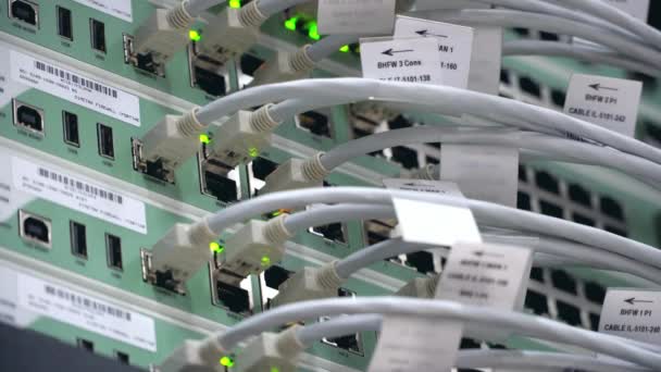 将电缆贴片连接到数据中心与Led灯闪烁 Internet Technology Server — 图库视频影像