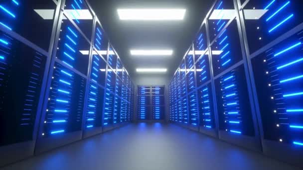 现代互联网服务器房间和数据中心与超级计算机轻巧无缝动画 Uhd — 图库视频影像