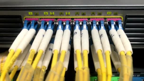 Close Bekijk Internet Apparatuur Kabels Serverruimte Communicatie Internet Netwerk Server — Stockvideo