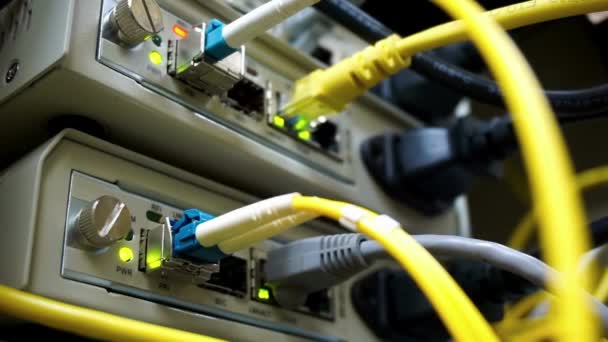 Üzerindeki Sunucu Yönlendiricileri Ethernet Kablosu Arkaplan Bağlantı Portları Kablolarını Değiştirir — Stok video