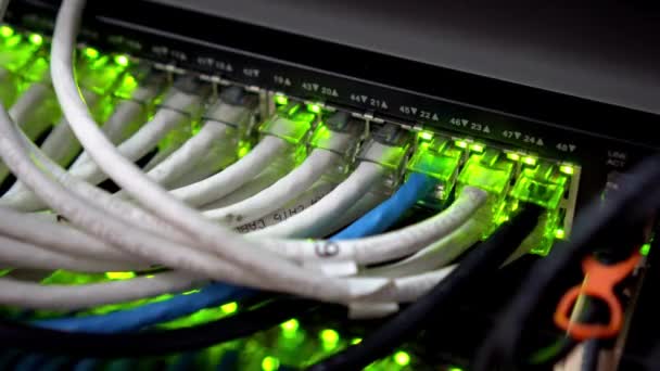 Netwerk Server Room Server Rack Met Glasvezel Kabels Aangesloten Het — Stockvideo