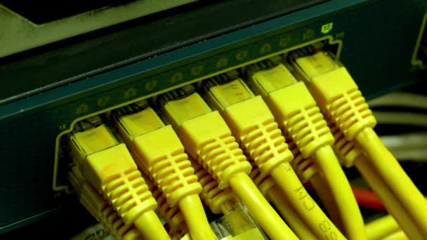 Netwerk Server Room Server Rack Met Glasvezel Kabels Aangesloten Het — Stockvideo