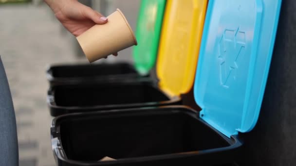 Menschen Werfen Müll Auf Mülltonnen Sortierte Mülltonnen Sortierung Ökologisches Recyclingkonzept — Stockvideo