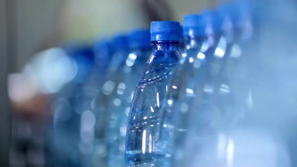 Zamknij Puste Niebieskie Plastikowe Butelki Wiersz Butelki Przenośniku Zakładzie Produkcji — Wideo stockowe