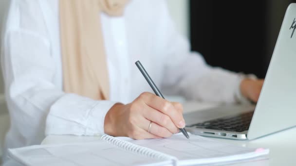 Muslim Woman Hijab Working Writing Journal Office Desk — Stock Video
