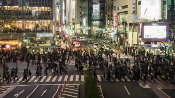 時間の経過がぼやけた夜 渋谷の賑やかな通りを横断する人々 最も忙しい横断歩道 — ストック動画