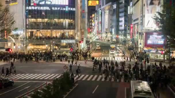 渋谷の賑やかな通りを夜に横断する人たち 世界で最も忙しい横断歩道は — ストック動画