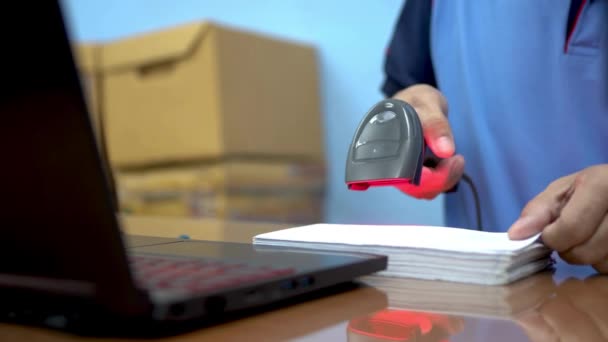 Scanning Label Preparing Packages Shipment Confirm Sending Customer Post Office — Stock Video