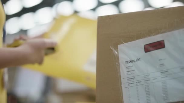 Travailleur Analyse Code Barres Des Paquets Carton Avant Livraison Entrepôt — Video