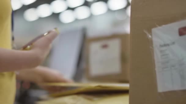 Şçiler Karton Kutularda Eşya Dolu Raflarda Paketleri Tara Sırala — Stok video