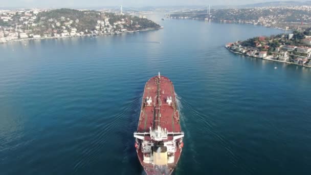 Kontenerowiec Statek Towarowy Otwartym Morzu Frachtowiec Morski Portem Tle — Wideo stockowe