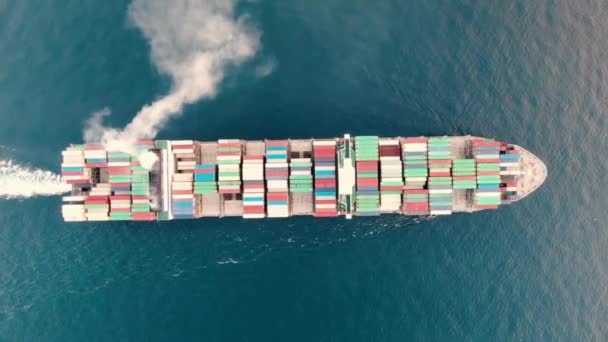 Container Skib Fuld Last Container Med Emission Skibsfart Baggrund Aerial – Stock-video