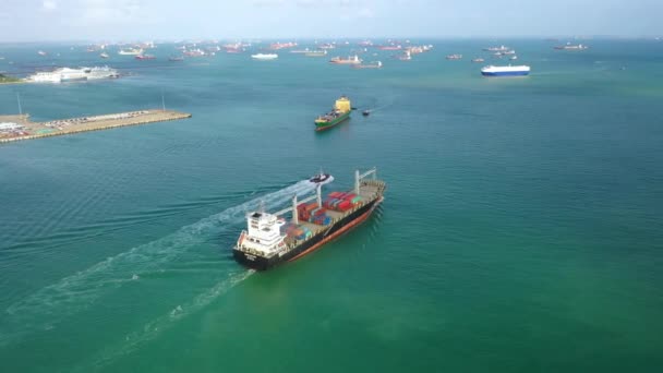 Încărcat Container Navă Marfă Care Călătoresc Fiind Asistat Andocare Barca — Videoclip de stoc
