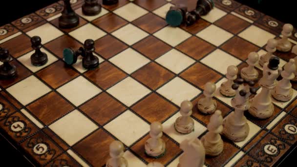 Close Macro Shot Chess Pieces Wood Chessboard Game Activity Decision — Stock Video