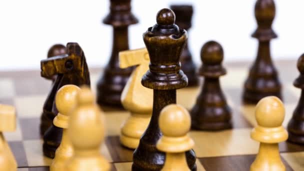 Primer Plano Macro Shot Chess Piezas Madera Juego Ajedrez Juego — Vídeos de Stock