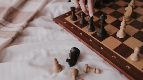 Unrecognizable Young Chess Player Performs Move Chess Pieces Wooden Board — Stock Video