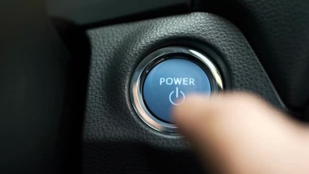Close Finger Hand Presses Ignition Button Car Start Keyless Híbrido — Vídeo de Stock