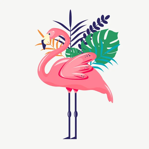 Sommar Illustration Med Flamingo Och Tropiska Blommor — Stock vektor