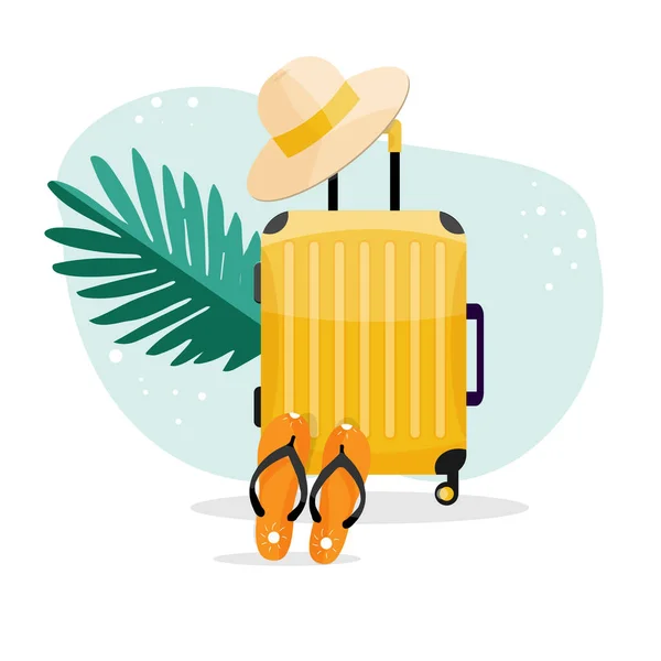 黄色のスーツケース 夏の帽子とフリップポップサンダル 旅行用の荷物 ベクターイラストこんにちは夏 — ストックベクタ