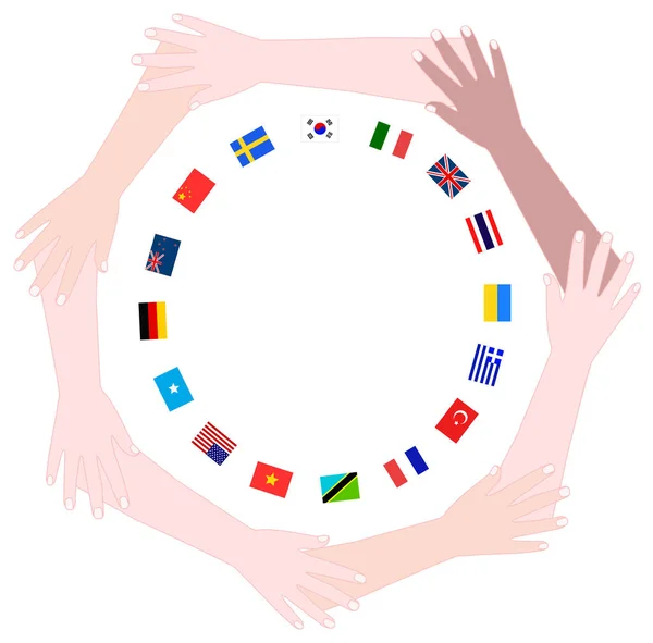 Hand Met Vlaggen Van Verschillende Landen Wereldkaart Vectorillustratie Geïsoleerd Witte — Stockvector