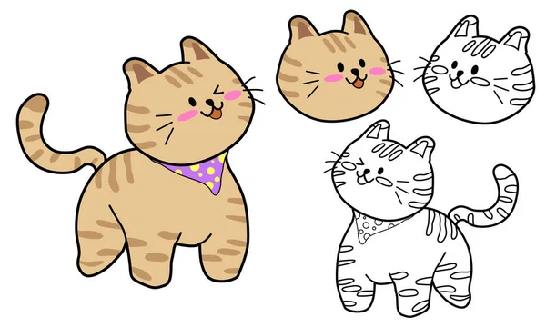 Winking Cat Character_Cheese Tabby_Line Drawing - Stok Vektor