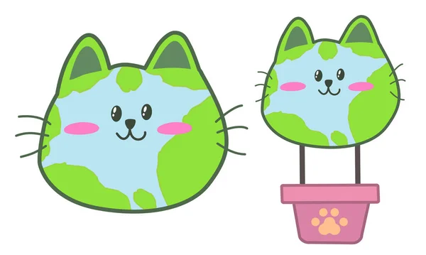 Earth Cat Postać Hot Air Balon Earth Cat Twarz Charakter — Wektor stockowy
