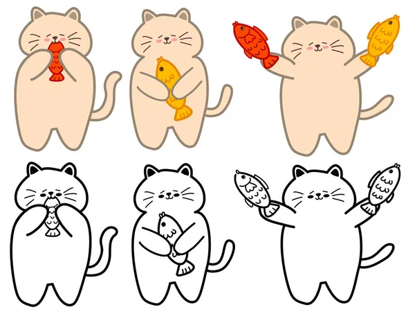 Lindos Gatos Dibujos Animados Comida Personaje Gato Sosteniendo Sosteniendo Bollo — Vector de stock