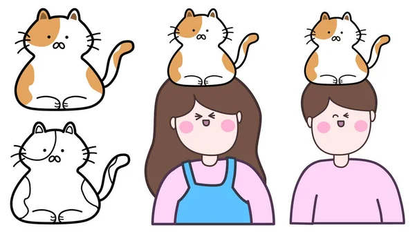 Karakter Kucing Pada Kepala Karakter Pasangan Wanita Dan Laki Laki - Stok Vektor