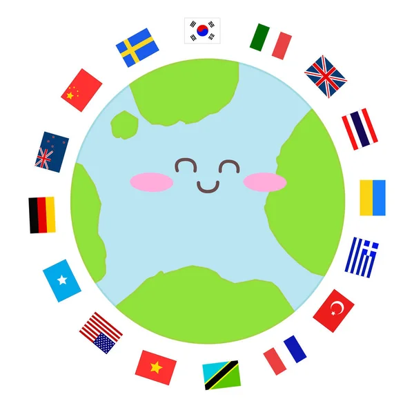 Skrattande Earth Character Och World Flag Illustration — Stock vektor