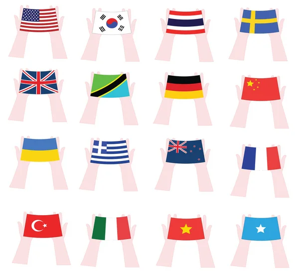 Una Ilustración Las Banderas Varios Países Las Manos Uno — Vector de stock