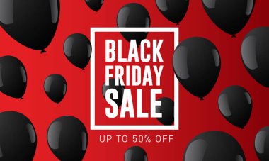 Kara Cuma Bayrak İndirimi Kara Cuma Tatili için Kara Balonlarla Yazı Pankartıyla% 50 'ye varan İndirim