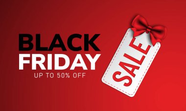 Yaratıcı Kara Cuma Sancak İndirimi Beyaz Etiket ve kırmızı kurdele ile izole edilmiş kırmızı arka planda% 50 indirimli