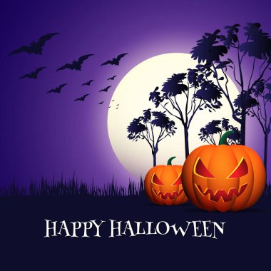 Mutlu Cadılar Bayramı metinleri, iki gülümseyen balkabağı, ay, gece, ağaçlar ve yarasalar afiş tasarım temsili.