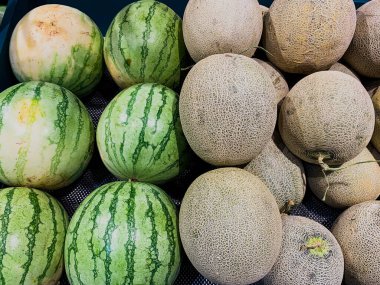 Cazip Meyve Ürünleri: Süpermarkette bir sepete yerleştirilmiş Taze Karpuz ve Karpuz Türlerinin Yakın Çekim Görüntüsü