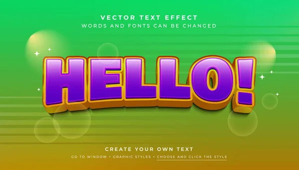 Vektör Düzenlenebilir 3B eğlenceli metin efekti. Merhaba, yeşil soyut arkaplanda mor grafik biçimi