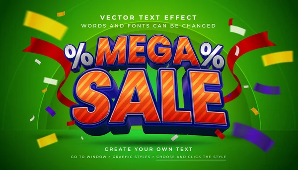 Vektör Düzenlenebilir 3D kırmızı mavi mega satış metni efekti. Yeşil soyut arkaplanda indirimli tanıtım grafik biçimi