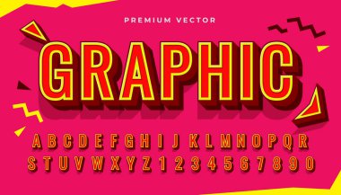 Vektör 3 boyutlu retro alfabe tipografisi. Yumuşak kırmızı soyut arkaplanda gölgelenmiş kırmızı sarı metin