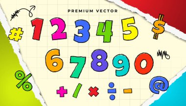 Eğlenceli çocukların tipografisini karala. Yırtık kağıt soyut arkaplanda renkli numaralar ayarlandı