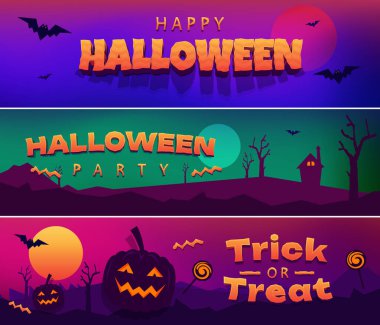 Vector Set Mutlu Cadılar Bayramı, Şeker mi şaka mı. Ekim gecesinde balkabakları ve yarasalar